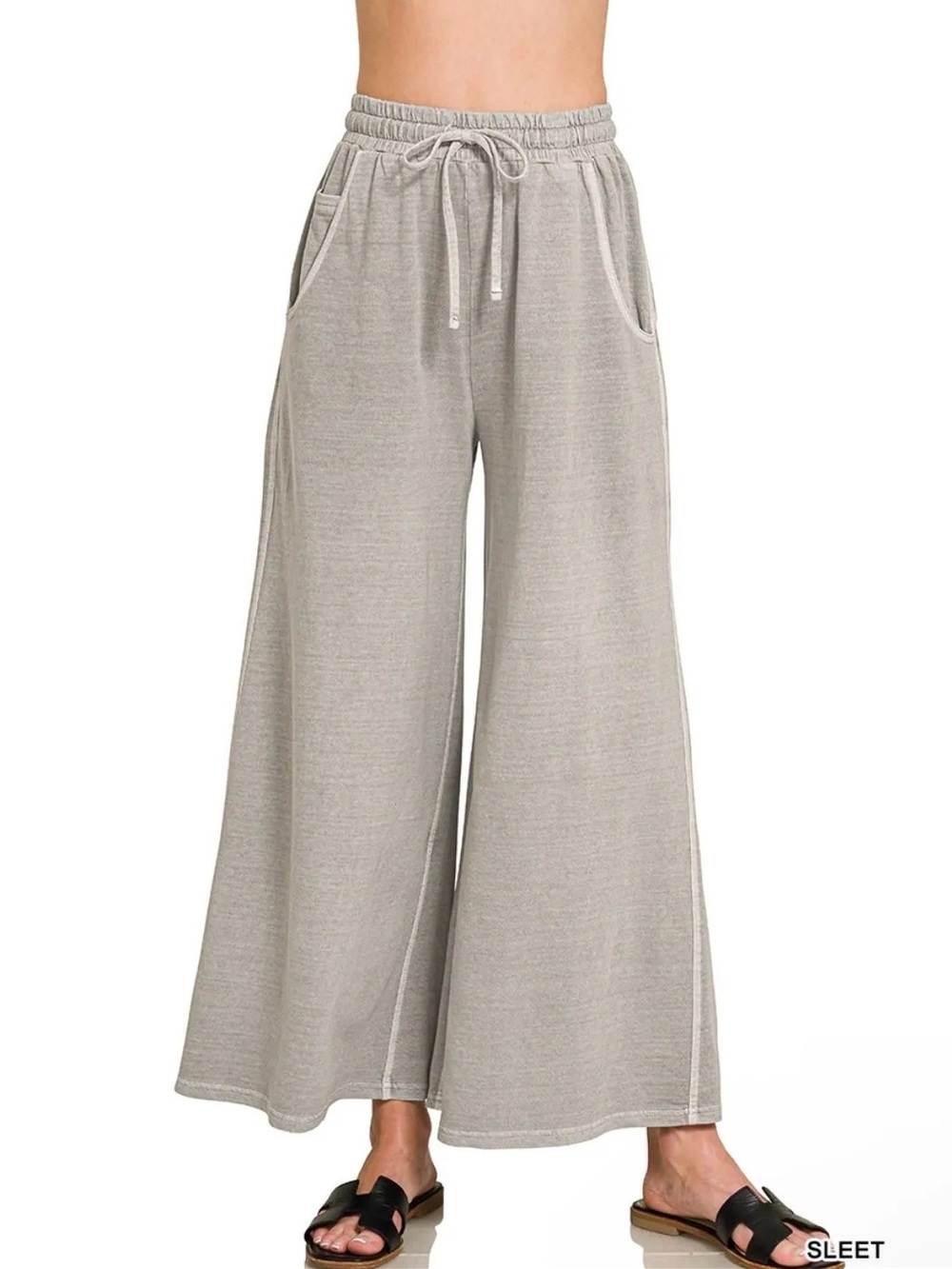 Zenana 100% Cotton Sleet Gray Washed French Terry Wide Leg Pants Large - Picture 2 of 3